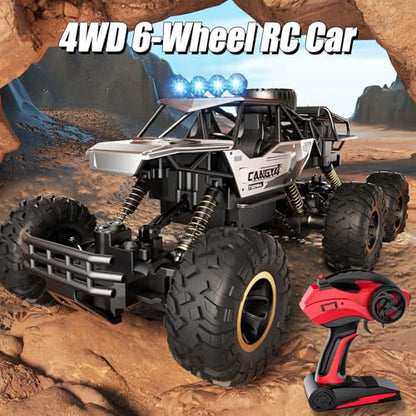 RC Cars, Remote Control Monster Truck - Rock Crawler RC Truck with 2 Rechargeable Batteries, Metal Body, Large Size & LED Headlights, Boy Toys for Kids Ages 4-7 8-12 Birthday Gifts - color: 6 Wheels Silver