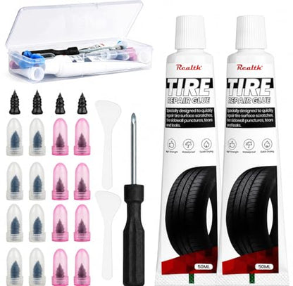 Tire Repair Glue 100ml, Tire Repair Kit, Tire Repair Rubber Nail 20 Pcs | Fast Self-Service Screw in Tire Plugs Kit, Tire Repair Screws Kit for Car, Motorcycle, Bike, Truck, Tractor, Garage - style: Glue(100ml)+Plugs(20Pcs)