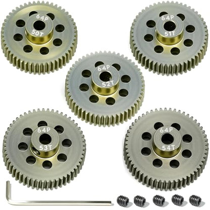 5Pcs 64P Aluminum Alloy Pinion Gear Set 3.175mm 50T 51T 52T 53T 54T Motor Pinion Gear W/ M4 Screw and Hex Key, Fit 3.175mm (1/8-Inch) Shaft, for Arrma HPI Kyosho Losi Axial Traxxas Tamiya 1/10 RC Car - size: 64P-3.175mm-50-54T