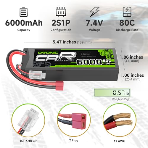 OVONIC 6000mAh 80C 2S 7.4V Lipo Battery Hardcase with Dean-Style T Connector for 1:8 Scale RC Car, RC Airplane, RC Helicopter, RC Boat (2 Pack)(with Lipo Voltage Checker)