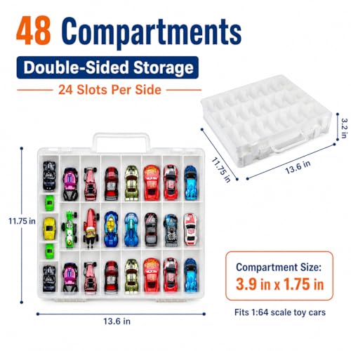 FULLCASE Toys Organizer Storage Compatible with Hot Wheels Car, Container for Matchbox Cars, Mini Toy, Small Dolls, Double Sided Carrying Box for Hotwheels - 48 Compartments (Case Only) White | Double-Sided Access, Adjustable Dividers and Carry Handle for