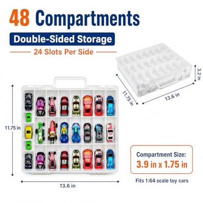 FULLCASE Toys Organizer Storage Compatible with Hot Wheels Car, Container for Matchbox Cars, Mini Toy, Small Dolls, Double Sided Carrying Box for Hotwheels - 48 Compartments (Case Only) White | Double-Sided Access, Adjustable Dividers and Carry Handle for