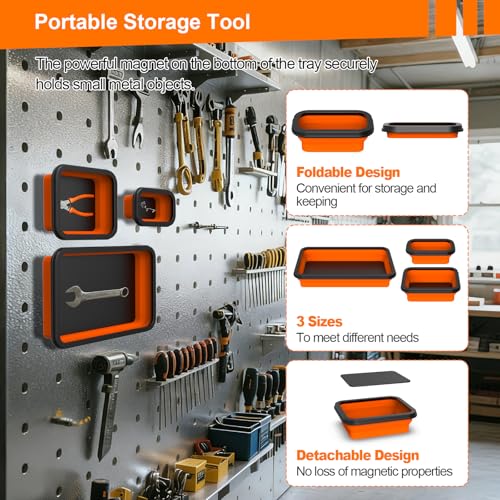 3-Piece Foldable Magnetic Parts Tray Set | Heavy-duty magnetic trays hold bolts, nuts, washers and small metal tools, then fold flat for compact storage.