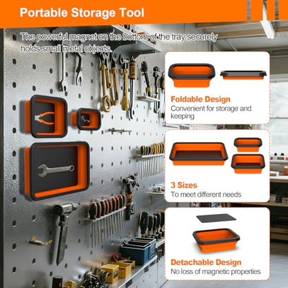 3-Piece Foldable Magnetic Parts Tray Set | Heavy-duty magnetic trays hold bolts, nuts, washers and small metal tools, then fold flat for compact storage.
