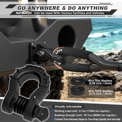 AUTMATCH D Ring Shackles 3/4" Mega Shackle (2 Pack) 68,000Ibs Break Strength - Heavy Duty Clevis Shackles 7/8" Screw Pin & Isolator Washer for Tow Strap Winch Off Road Vehicle Recovery, Matte Black - color: Matte Black
