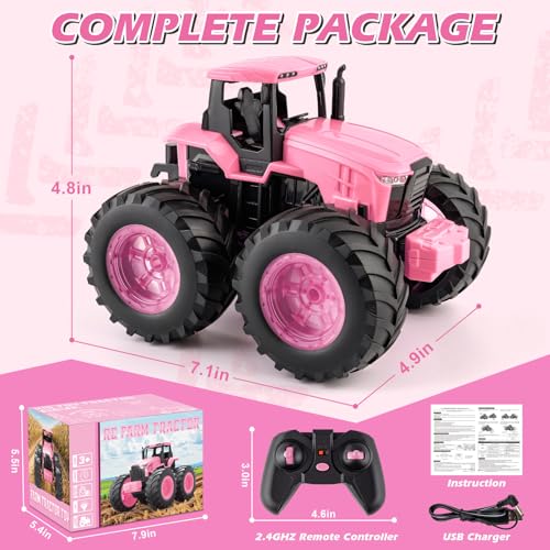 BAYSING Remote Control Monster Tractor Toy, Pink Light Up Monster Truck Toy | LED Lights Toddlers RC Farm Vehicle for 3, 4, 5, 6, 7 years old Boys ＆ Girls Ideal Christmas, Birthday Gifts for Kids - color: Pink