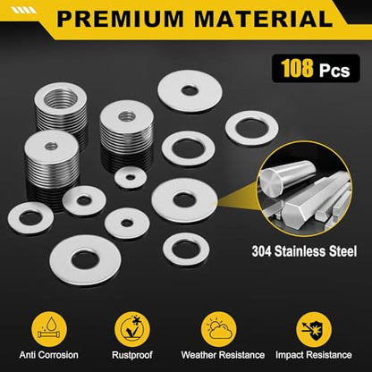 108Pcs 304 Stainless Steel Flat Washers, Fender Washers Assortment Kit 12 Sizes (M3-M12) Metal Washers for Screws Bolts Large and Small Hardware for Various Home Industrial Automotive - size: 12 Sizes 108 Pieces