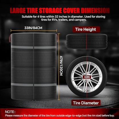 Tire Covers for Storage, 600D Waterproof Holds 4 Tires 32 Inch Diameter | Heavy Duty with Reflective Strips Zipper Drawstring Lock, Universal Truck RV Trailer, All Season Outdoor - size: 600D 33 inch Diameter x 47inch H