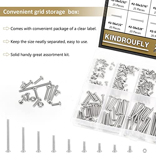 242 Pieces #2-56x 5/32", 3/16", 1/4", 5/16", 3/8", 1/2", 5/8", 3/4", 1", Phillips Pan Head Machine Screws Nuts Assortment Kit, 304 Stainless Steel, Fully Machine Thread - size: #2-56
