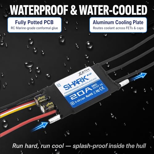 ZTW Shark G2 20A ESC 2-4S Built-in Swithcing BEC 5V/6V 4A Water-Cooling Bidirectional Waterproof Brushless Speed Controller for RC Boat Marine - size: 20A