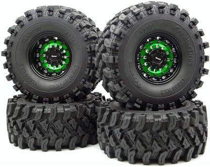 Heavy Duty RC Crawler 2.2 Beadlock Wheels Adjustable 2 Offsets and Tires 136mm Tall Soft Sticky Mud Slingers Tyres Rims Hex 12mm for 1/10 SCX10 TRX4 Axial Remote Control Car (Green Black) - color: Green Black