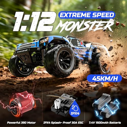 DEERC 1:12 Fast RC Cars 45KPH, 4WD High Speed Short Course RC Truck, Off-Road All Terrain Remote Control Car with 2 Batteries & Spare Tire, 2.4GHz Desert RC Monster Truck for Adults Kids Boys Gift