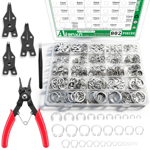 802PCS Snap Rings Assortment Kit, E Clips Assortment Kit (1.5MM-10MM) and C Clips Assortment Kit (4MM-28MM), 31 Sizes 304 Stainless Snap Ring Kit with 5PCS Snap Ring Plier and 1PCS Tweezer - color: Silver Stainless Steel, size: 802pcs E-clips+c-clips With