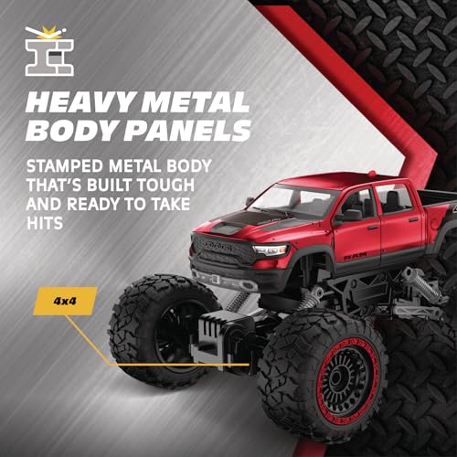 RC 4WD Heavy Metal RAM 1500 Pickup Truck – 1:14 Scale, Officially Licensed Stamped Metal Body, 4x4 All-Wheel Drive, 2.4GHz Full-Function Remote Control, Ready-to-Run, USB Charging, Red