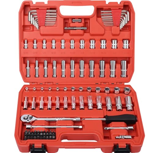 Egofine 1/4”Drive Socket Ratchet Wrench Set,101 PCS Metric(4-14mm),SAE(5/32-9/16”),with 72-Teeth Ratchet Wrench,Bit Socket Set,Extension Bar,Allen wrench for Auto Repair and Household - style: 1/4" 101 PCS with 72 Teeth Ratchet