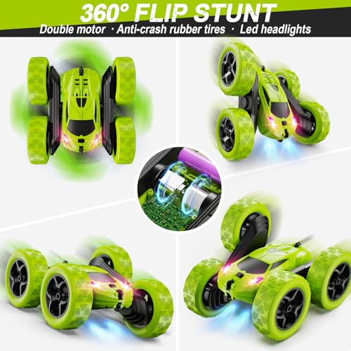 QUNREDA Remote Control Car for Kids Ages 6+, RC Cars Stunt Car Toy 4WD Double Sided 360° Rotating Remote Control with Headlights, Birthday Xmas Gifts for Boys 6 7 8 9 10 11 12 Green - color: Green