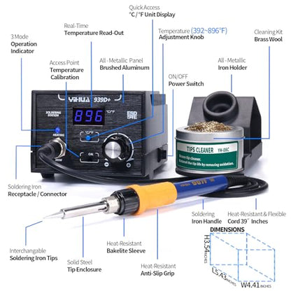 YIHUA 939D+ Digital Soldering Station, 75W Equivalent with Precision Heat Control (392°F to 896°F) and Built-in Transformer. ESD Safe, Lead Free with °C/°F display (Black) - color: Black