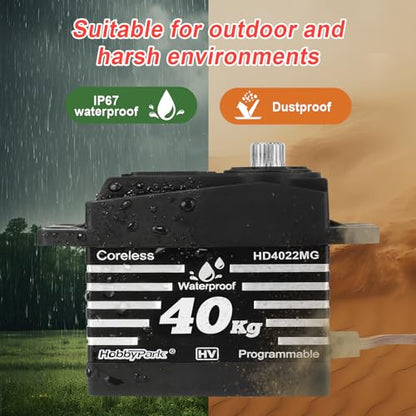 HobbyPark Waterproof High Torque 40kg RC Steering Servo Coreless Motor Standard Size Servos Metal Gear HV 4.8-8.4V for 1/8 1/12 1/10 RC Crawlers Cars Trucks Buggy Robot Programmable Control Angle 180°