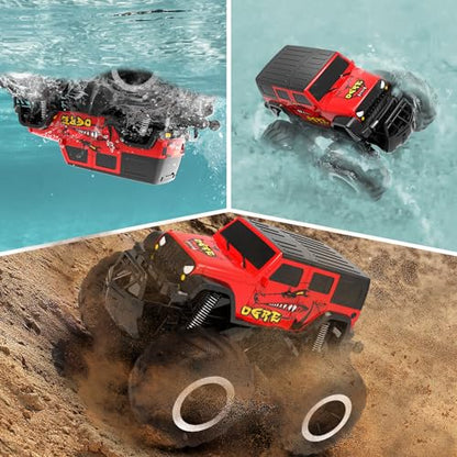STEMTRON Amphibious Remote Control Car 1:16 All Terrain RC Monster Truck | 2.4GHz, 360° Spin, Double-Sided Water Driving, Pool & Beach Off-Road RC Car Toy, Gift for Kids - color: Red Suv, size: 1:16 Scale