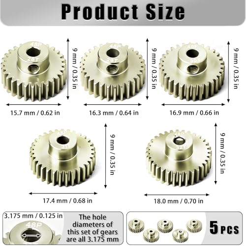 5Pcs 48P Aluminum Alloy Pinion Gear Set 3.175mm 28T 29T 30T 31T 32T Motor Pinion Gear W/ M4 Screw and Hex Key, Fit 3.175mm (1/8-Inch) Shaft, for Arrma HPI Kyosho Losi Axial Traxxas Tamiya 1/10 RC Car - size: 48P-P-3.175mm-28-32T