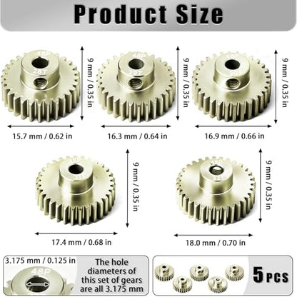 5Pcs 48P Aluminum Alloy Pinion Gear Set 3.175mm 28T 29T 30T 31T 32T Motor Pinion Gear W/ M4 Screw and Hex Key, Fit 3.175mm (1/8-Inch) Shaft, for Arrma HPI Kyosho Losi Axial Traxxas Tamiya 1/10 RC Car - size: 48P-P-3.175mm-28-32T