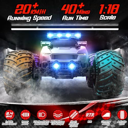 EpochAir 1:18 Remote Control Car 20km/h with 2 Rechargeable Battery 2.4GHz | All Terrain Off-Road Monster Truck with Bodylights&Headlights &Headlamps, Toy Car Gift for 3-12 Year Old Boys Girls Kids - color: Gray