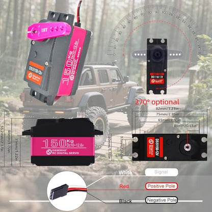 12V Waterproof IP66 150KG Digital RC Servo 1/5 Stainless Steel Gear High Torque Large Steering Servo with 18T Servo Arm for Baja Car RC Car Robot Crawler 270° Control Angle