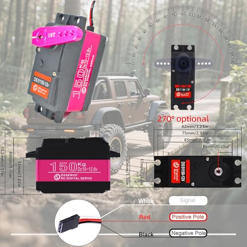 12V Waterproof IP66 150KG Digital RC Servo 1/5 Stainless Steel Gear High Torque Large Steering Servo with 18T Servo Arm for Baja Car RC Car Robot Crawler 270° Control Angle