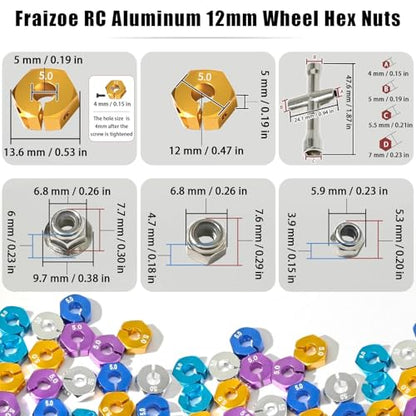 Aluminum 12mm Hex Wheel Hub 4Pcs w/Axle Pin M4 Flange Lock Nut Standard M3 M4 Nut 5mm Thickness Wheel Drive Adapter for 1/10 Traxxas HSP Redcat Rc4wd Tamiya Axial SCX10 WLtoy RC Car(25Pcs) - color: Gold, size: 5.0