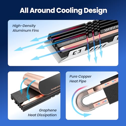 GRAUGEAR Heat Pipe Cooler for M.2 SSD Memory Extension, M.2 2280 NVMe SSD Heatsink, Pure Copper Heat Pipe, Premium Aluminum Plate-Fin Design, Thermally Conductive Graphite on Copper Foil