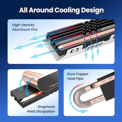 GRAUGEAR Heat Pipe Cooler for M.2 SSD Memory Extension, M.2 2280 NVMe SSD Heatsink, Pure Copper Heat Pipe, Premium Aluminum Plate-Fin Design, Thermally Conductive Graphite on Copper Foil