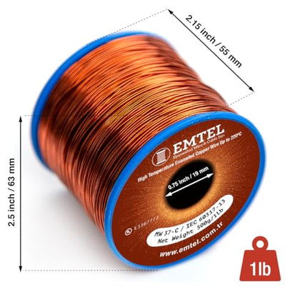 Emtel 15 AWG - 1 lb (101 feet) 99.9% Pure Copper Wire, Enameled Magnetic Wire for Motor, Transformer, Magnetic Coil, & Electroculture Gardening, Winding Magnet Wire - 220°C (428°F) Thermal Class - style: 15 AWG