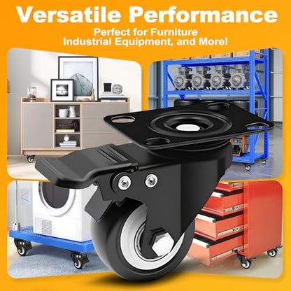 2 Inch Plate Caster Set of 4, PU Swivel Wheel with Dual Brakes - Black | Smooth 360° rotation,dual locking brake,silent PU wheels - color: Black, size: 2 IN