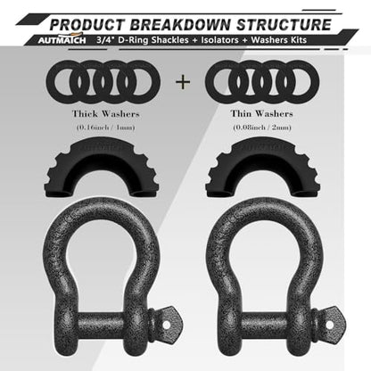 AUTMATCH 3/4" D Ring Shackles (2-Pack) - 41,887 lbs Break Strength | Clevis Shackle with 7/8" Pin & Isolator Washer Kit for Tow Strap, Winch, Towing & Off-Road Vehicle Recovery, Grainstone - color: Grainstone