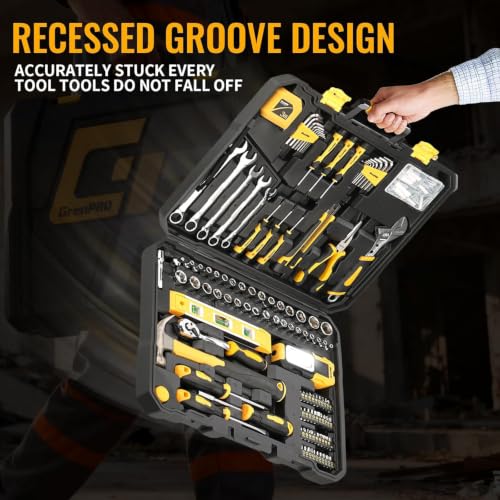 GRENPRO 219PCS Basic Home Auto Mechanic Hand Tool Kit with Storage Tool Box | Portable Tool Box, CR-V Steel, Complete Kit, Anti-Drop Slots, Household DIY, Auto Motorcycle, Home Garage For Men & Women - style: Yellow Hand Tool Set 219PC