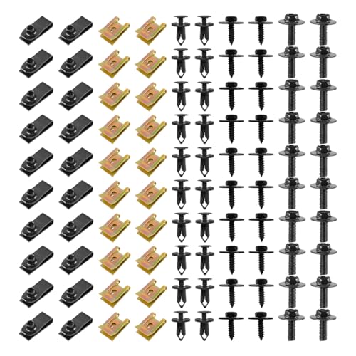 100PCS Car Screws and Bolts, Universal Auto Body Clips Assortment, Includes Vehicle Engine Under Cover Splash Shield Guard Retainer Kit, Plastic Push Rivet Fasteners & U-Nuts (Black)