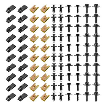 100PCS Car Screws and Bolts, Universal Auto Body Clips Assortment, Includes Vehicle Engine Under Cover Splash Shield Guard Retainer Kit, Plastic Push Rivet Fasteners & U-Nuts (Black)