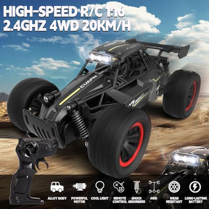 Remote Control Car for Boys 8-12, 1:16 Scale Metal Shell RC Monster Truck, 25+ KM/H Fast Off Road RC Cars with LED Lights, All Terrain Electric Toy Vehicle Birthday Gifts for Kids Boys Girls 6-12 - color: Black