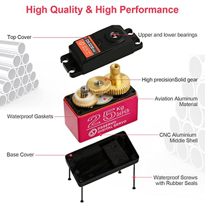 25KG High Torque RC Servo Digital Servo Full Metal Gear Waterproof with 2 25T Servo Horn Compatible with 1/6，1/8, 1/10, 1/12 RC Car Crawler Robot Control Angle 180° - style: 1 Pcs 25kg