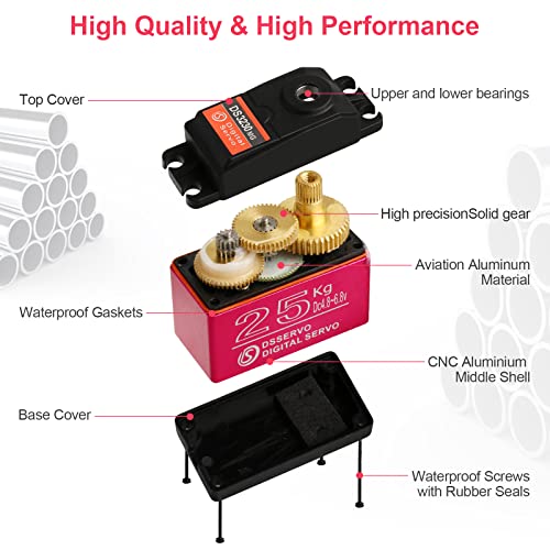 25KG High Torque RC Servo Digital Servo Full Metal Gear Waterproof with 2 25T Servo Horn Compatible with 1/6，1/8, 1/10, 1/12 RC Car Crawler Robot Control Angle 180° - style: 1 Pcs 25kg