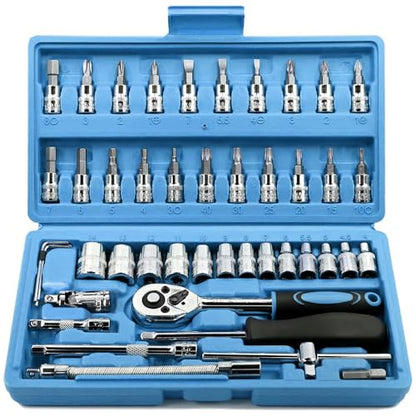 Egofine 46 Pieces 1/4 inch Drive Socket Ratchet Wrench Set, with Bit Socket Set Metric and Extension Bar for Auto Repairing and Household, with Blue Storage Case - style: 1/4" 46 PCS-Blue