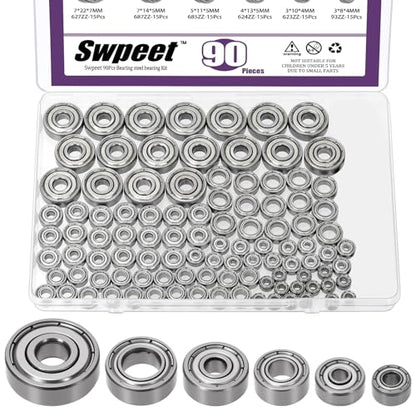 Swpeet 90Pcs 6 Sizes 693ZZ, 623ZZ, 624ZZ, 685ZZ, 687ZZ,627ZZ Ball Bearings Assortment Kit, Carbon Steel Deep Groove Bearings, Double Shielded - size: Assortment Kit-90PCS, style: Carbon Steel
