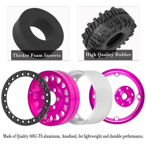 Aluminium RC 1.9" Beadlock Wheels Tires for 1/10 SCX10 90046 AXI03007 TRX4 TRX6 VS4-10 Gen7 Gen8 MST CFX D90 RC Crawler Car,Alloy 1.9 Rims Tires,Pink - color: Pink- (Rc 1.9" Tires)