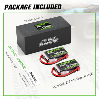 OVONIC 3S Short LiPo Battery 11.1V 2200mAh 120C with Dean-Style T Plug for RC Car RC Truck Airplane Helicopter Boat Car Racing RC Hobby [2 Packs][77" D x 34" W x 26" H mm]