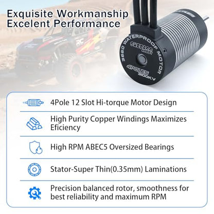 SurpassHobby 3665 3100KV Brushless Motor Ip67 Waterproof 4-Pole Design Motor for 1/8 1/10 RC Electric Racing Car Buggy - size: 3100kv