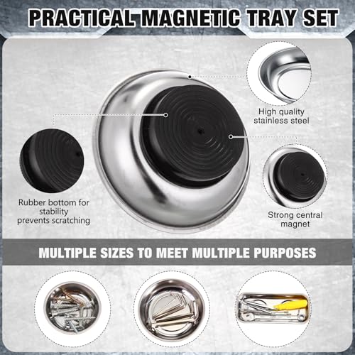 Jingmore 10 Pcs Magnetic Trays Set Includes 8 Round and Rectangular Magnet Tool Tray 1 Pair Black Magnetic Wristband and 1 Magnetic Pickup Tool for Parts Socket Screw Nut Bolt Mechanic and Automotive