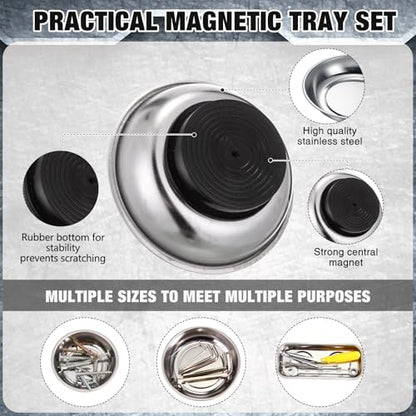 Jingmore 10 Pcs Magnetic Trays Set Includes 8 Round and Rectangular Magnet Tool Tray 1 Pair Black Magnetic Wristband and 1 Magnetic Pickup Tool for Parts Socket Screw Nut Bolt Mechanic and Automotive