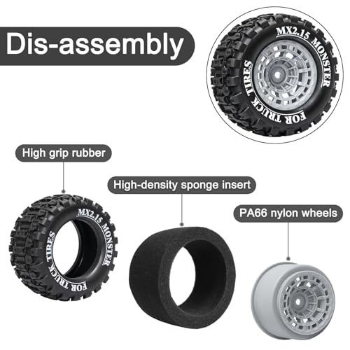 LRFHL 12mm Hex RC Wheel Tires 4PCS | for 1/16 Traxxas Mini Maxx 107154-1 Mini XRT VXL 108076-1 E-Revo Mini XRT MJX 16207 16210 HSP 94186 LOSI 1/18 Mini LMT - color: Black Tires+ Grey Wheel-4