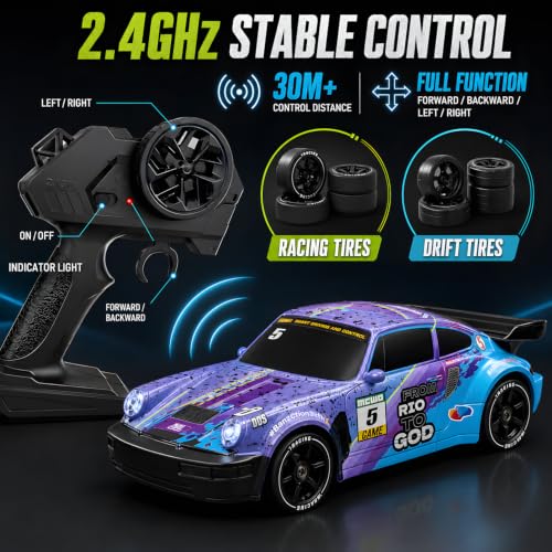 HTURCCOP 1:24 RC Drift 2.4GHz with LED Light Race Car Toys for Boys and Girls Aged 6+ Speed Adjustable up to 23Km/H, High-Speed RC Racing Cars Toy Gift for Boys & Girls(Blue/Purple) - color: Blue/Purple