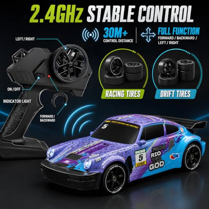 HTURCCOP 1:24 RC Drift 2.4GHz with LED Light Race Car Toys for Boys and Girls Aged 6+ Speed Adjustable up to 23Km/H, High-Speed RC Racing Cars Toy Gift for Boys & Girls(Blue/Purple) - color: Blue/Purple